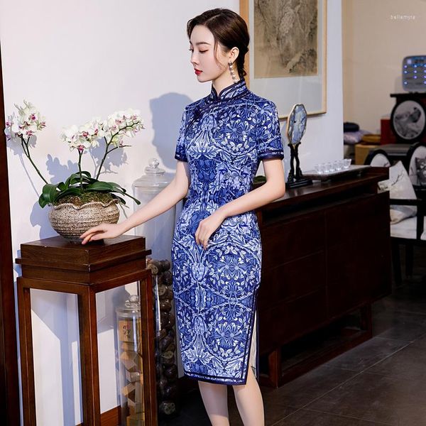 Roupas étnicas azul plus size women feminino oriental retrô cheongsam verão impressão floral elegante vestido de noite vintage robe chinês traje slim