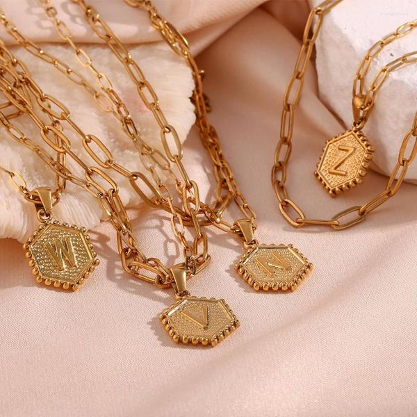 Halsketten mit Anhänger, unverzichtbare sechseckige Form von A bis Z, 26 Buchstaben des Alphabets für Damen, doppellagige Gliederkette, vergoldete Anfangshalskette