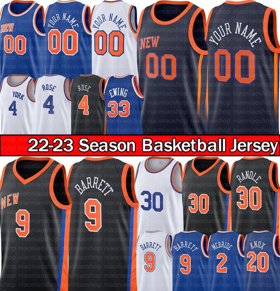 New Yorks Knick Özel Basketbol Forması Baskılı Baskı RJ Barrett Derrick Rose Julius Randle Patrick 33 Ewing Erkekler 2022 2023 City Black Edition Gömlek Formaları