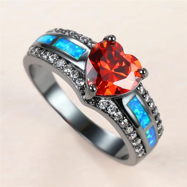 Anelli di nozze di lusso Rosso Female Anello di cristallo Crystal Charm 14kt Oro nero per donne Vintage Bride Blue Opal Big Engagement