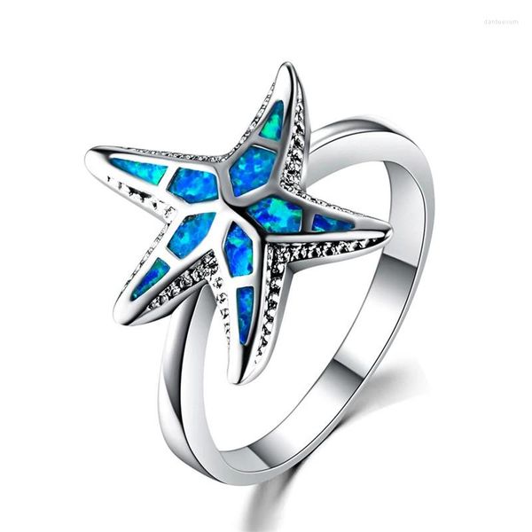 Eheringe Blauer Feueropal Seestern Ring Weibliche Zierliche Seestern Brautmode Silber Farbe Ozean Tier Für Frauen Sommer Schmuck