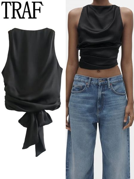 Damen Tanks Camis TRAF Schwarz Crop Top Satin Rückenfrei Weiblich Y2k Streetwear Sexy s Frau Mode Gebunden Ärmellos Tank s Für 230316