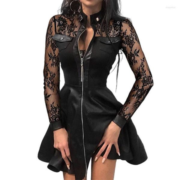 Abiti casual Abito da sera nero Abito da donna manica lunga in pizzo Tasca con cerniera Ampio orlo Ecopelle Mini Elegante donna Sexy Bodydon Vestidos