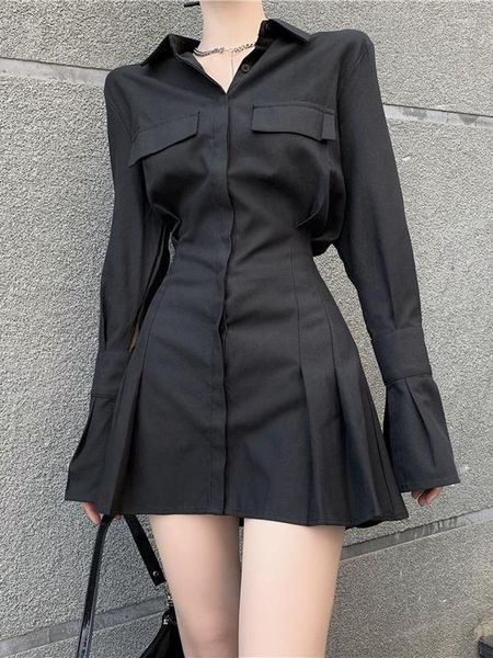 Casual Dresses QWEEK Korean Wrap Black Shirt Kleid Frauen Harajuku Kpop Langarm Mini Kurz 2023 Herbst Polo Kragen Streetwear