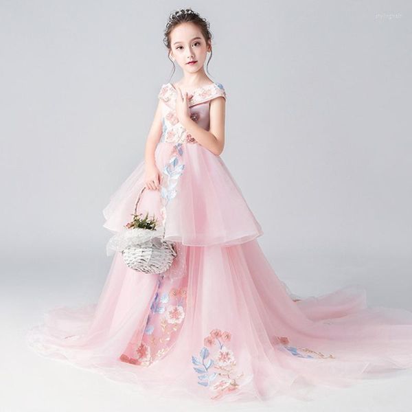 Ethnische Kleidung Rosa Mädchen Prinzessin Rock Vestidos Bodenlanges Kleid Blume Hochzeit Schwanz Langer Schönheitswettbewerb