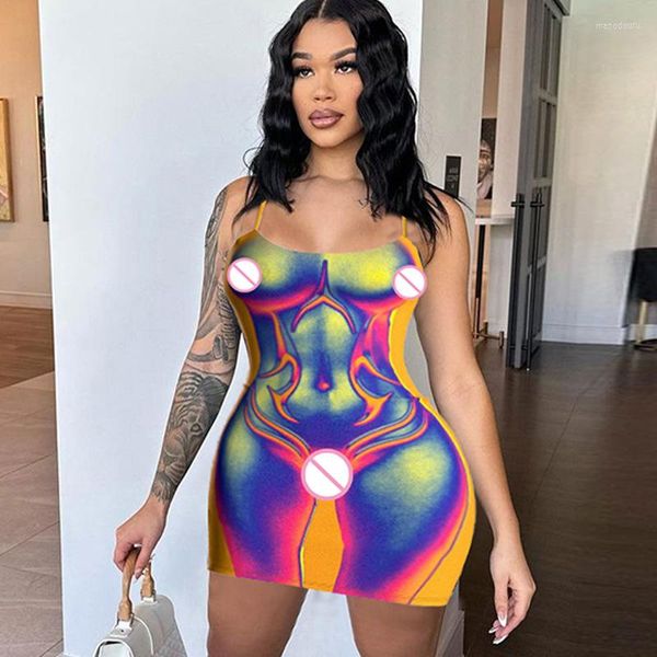 Повседневные платья 3D Body Printed Bodycon Mini Baddie Streetwear Y2K Сексуальные летние платья женская женская одежда 2023 Ночной клуб наряд