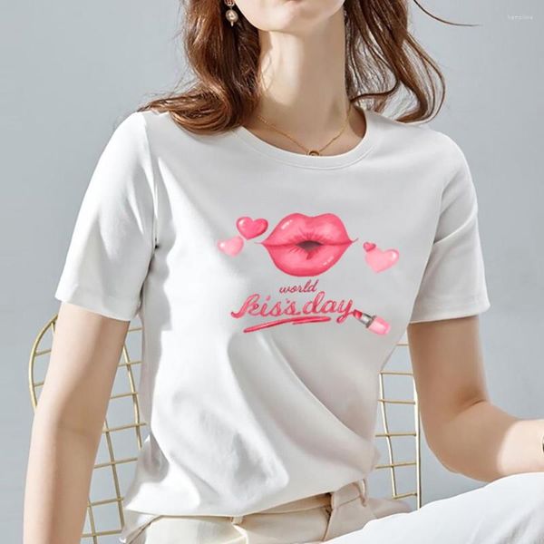 Camisetas femininas T-shirt feminina dos anos 90 T-shirt Ladies Tops All-Match White Love Lips Red Lips Print Series Casual Manga Short Commuter