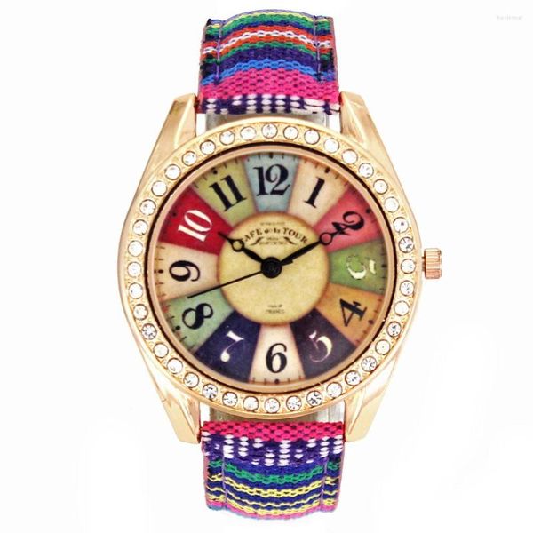Armbanduhren Filmmuster Retro benutzerdefinierte Uhr Frauen Mode Luxus Rose Gold Kristall Kleid Schmuck Denim Tuch Band analoge Armbanduhr