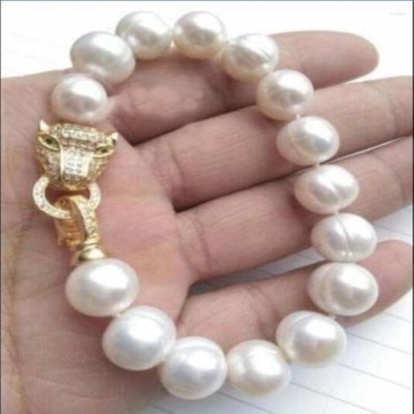 Bracelet fait à la main naturel 9-10mm blanc presque rond Bracelet de perles d'eau douce 20cm fermoir à tête de léopard pour les femmes bijoux de mode