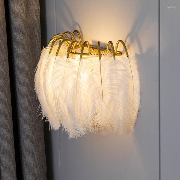 Lampada da parete Modern Feather Luxury Fixture Living Room Decor Illuminazione Camera da letto Comodino Personalità Sfondo Light Bird White