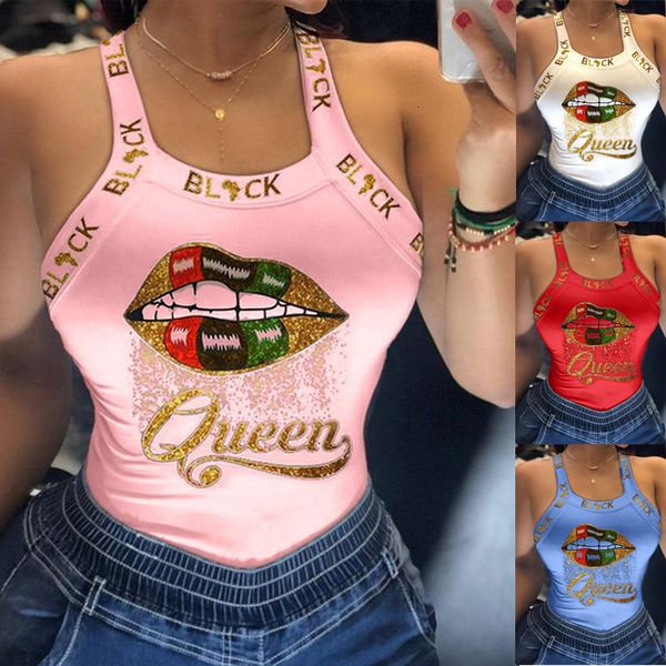 Kadın Tankları Camis Yaz Bayanlar Harajuku Gömlekler İnce Fit Polyester Kolsuz Top Tshirts Tank Üstleri Kadın U Boyun Mektup Baskı Dudakları 230317