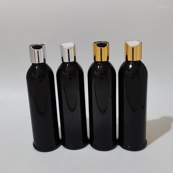 Lagerflaschen 30 stücke 250 ml Leeres schwarzes Kunststoff-Shampoo-PET mit Gold-Silber-Disc-Top-Kappen-Duschgel-Behälter Kosmetikverpackung