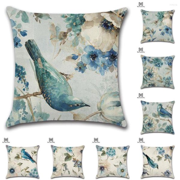 Kissen Vintage Leinen handbemalt Wasserblau Vögel Blumen Kissenbezug Retro Druck Sofa Couch Kissen Cojines Decorativos Para