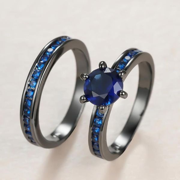 Anéis de casamento punk fêmea de pedra de cristal azul punk charme 14kt de ouro preto para mulheres noivado de zircão quadrado e elegante