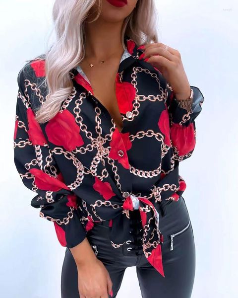 Camicette da donna POFGD 2023 Design Summer Night Party Special Turn-down Collar Holiday Beach T-shirt a maniche lunghe Camicia con scollo a V Top irregolari