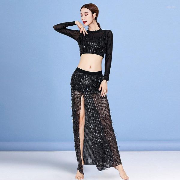 Stage desgaste prática Sparkle Set Set Autumn Winter Class Women Dance Dançador Elegante Ligição Coscela Casa Mesh Top Long Skirt