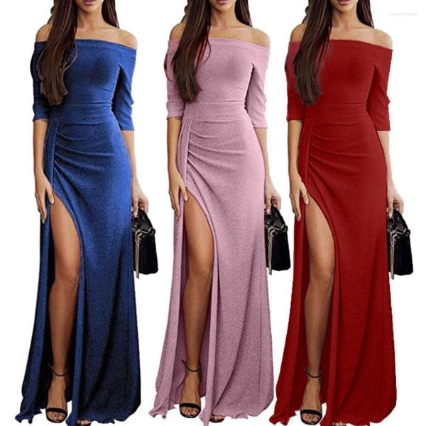 Vestidos casuais vestidos de festas sexy femininas cor de cor de cor de alta divisão de ombro de meia manga