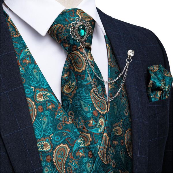 Erkek Yelek Teal Green Paisley% 100 İpek Resmi Elbise Takım Delek Kravat Broş Pocket Meydanı Tuxedo Dibangu 230317