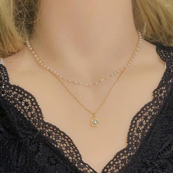 Anhänger Halsketten Mode Perlenkette Edelstahl Niedliche Doppelschicht Luxus Schwarz Kristall Glasperlenkette Choker