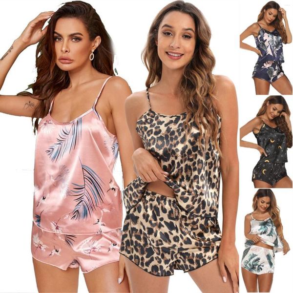 Damen-Nachtwäsche, Damen-Pijama, modische sexy Dessous, Seidenpyjama-Set, Leopardenmuster, Weste, Shorts, Anzug, Nachtwäsche, Pyjama, Femme Pijama