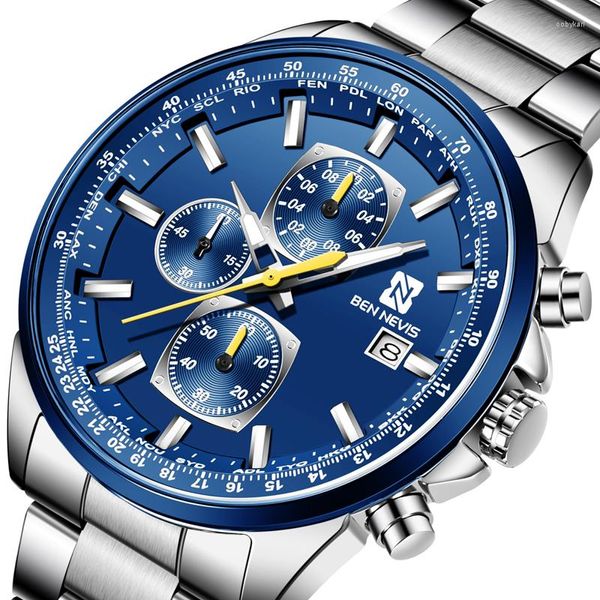 Нарученные часы Ben Nevis 2023 Men Quartz Fashion Blue Watches Серебряные из нержавеющей стали календарь календарь бизнес