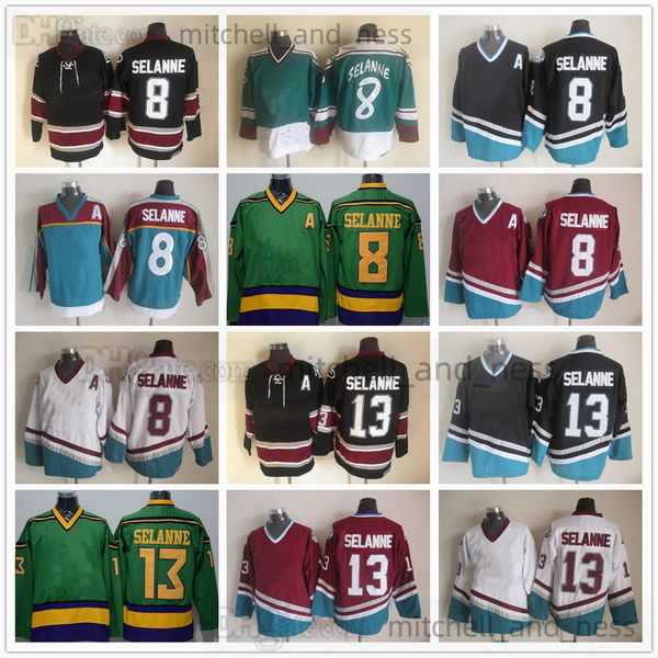 Film Vintage Hockey Jersey Retro CCM Stickerei 8 Teemu Selanne Jersey 13 Teemu Selanne Schwarz Grün Grün Rot Weiß Trikots