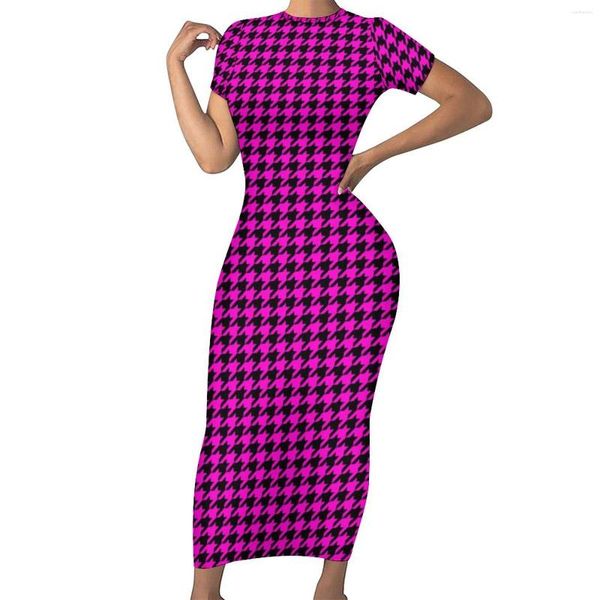 Partykleider Schwarz Rosa Hahnentritt-figurbetontes Kleid Frauen Retro-Druck Nachtclub Maxi Frühling Kurzarm Ästhetisches Muster