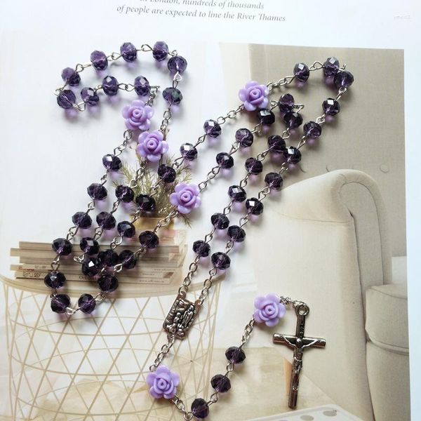 Colares pendentes de miçangas de oração de flor de cristal roxo Cadeia Rosário Crucifixo Cross Y-Necklace Teen meninos meninos Catholic Confirmation Gifts