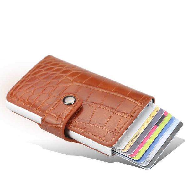 Geldbörsen Neuer RFID-Aluminiumlegierungs-Kreditkartenhalter PU-Leder-Karten-Geldbörsen-Kartenhalter für Männer Frauen Automatisches Pop-Up-KartenetuiL230303