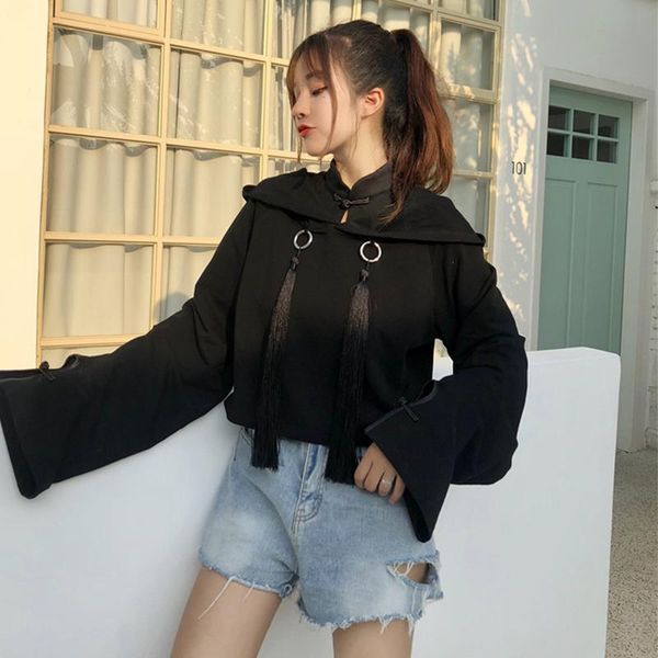 Женские толстовка толстовок винтаж китайский стиль с полным рукавом черный капюшона весна осенний модный бренд.