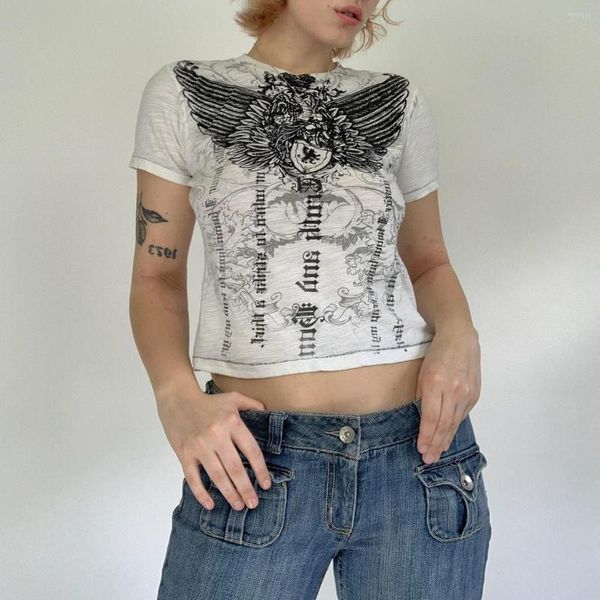 T-shirt da donna T-shirt stampate a forma di ala astratta alla moda T-shirt a maniche corte Girocollo Slim Wild Female Casual Estate Crop Top Navel Tees