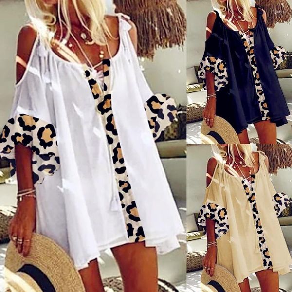 Abiti casual Donna 2023 Spalle larghe Boho Pizzo Vintage Ruffles Abito leopardato Summer Party Beach Rose Print