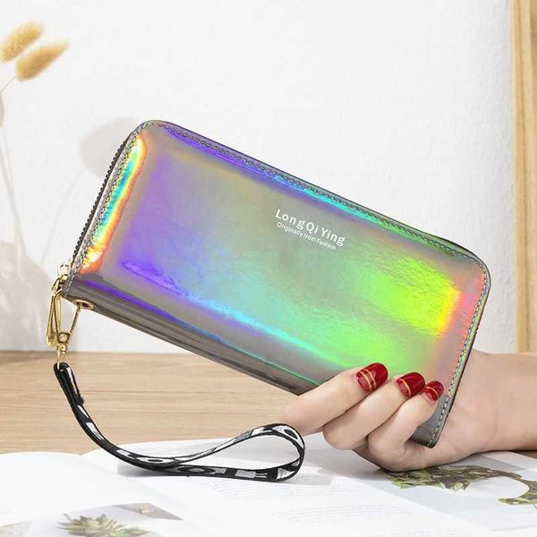 Carteiras novas carteiras holográficas a laser mulheres longa bolsa de couro de moda feminina embreagem de grande capacidade zíper bolsas de telefone purel230303