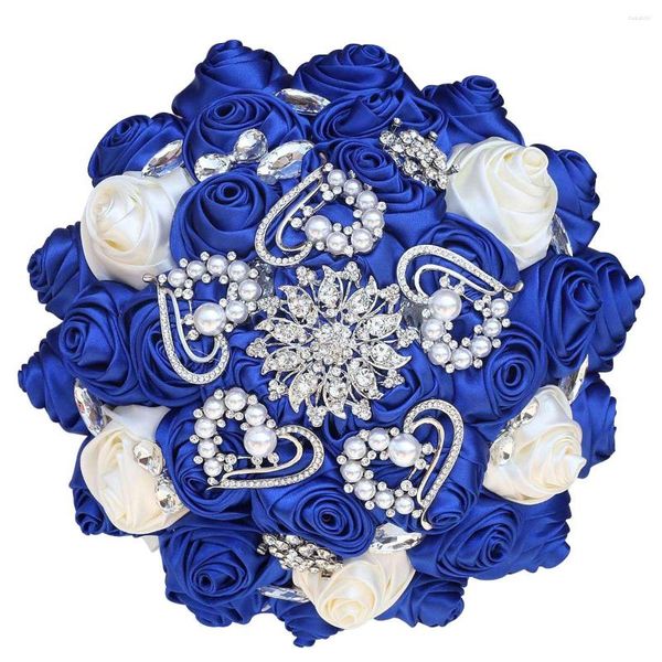 Fiori matrimonio Bellissimi strass Sposa Spilla damigella d'onore Bouquet Blu reale Fai da te Perla Diamante Raso Rose Forniture BL001