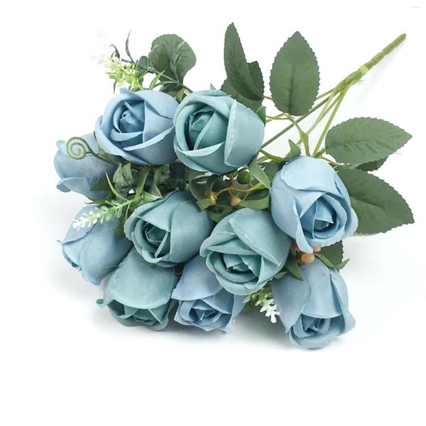 Dekorative Blumen aus Seide, künstliche Blumen, weiß, blau, Rosenknospen, gefälscht, für Zuhause, Party, Hochzeit, Dekoration, Tischdekoration, kleiner Blumenstrauß