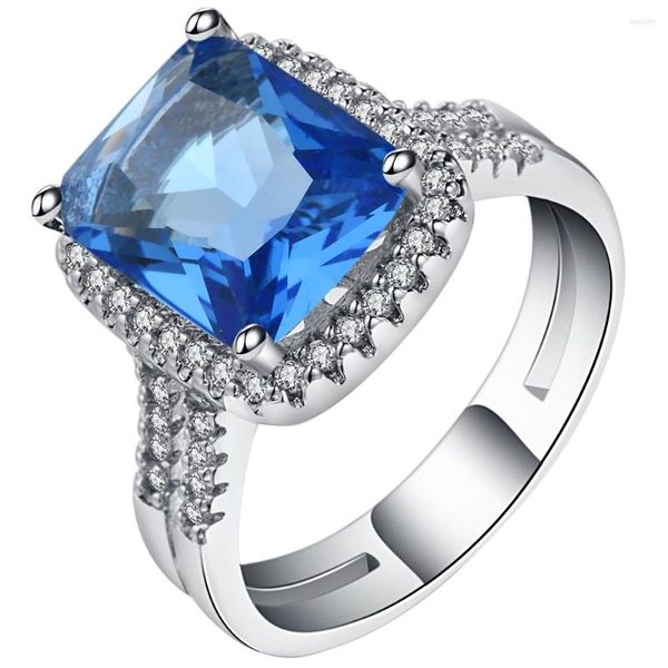 Eheringe leuchten Mikropaven Zirkonblau Ozean Square -Stil Ring Silber Farbe elegantes CZ -Bänder Engagement für Frauen Drop Ship