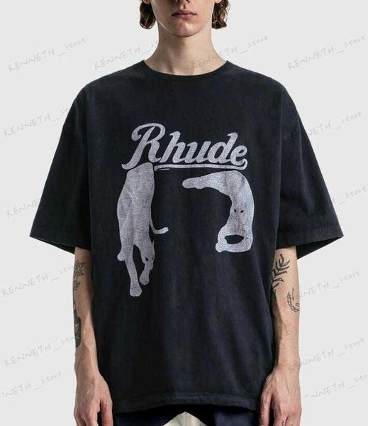 Camisetas masculinas rhude noturno gato impressão high street shirt curta de manga curta de manga curta pescoço redondo de pescoço masculino e feminino de manga curta t-shirt t230317