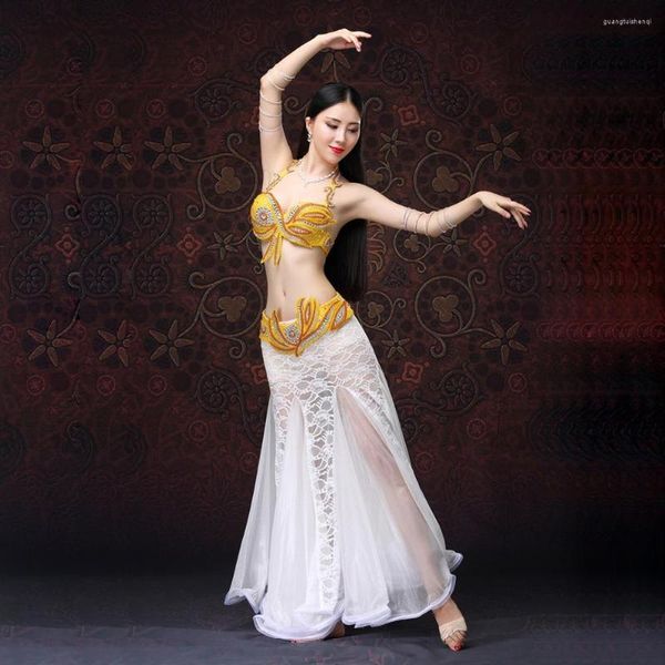 Bühne tragen Leistung 2023 Bauchtanz Kleidung Oriental Dance Outfits Sexy Spitze Perlen Kostüm Set BH Gürtel Röcke