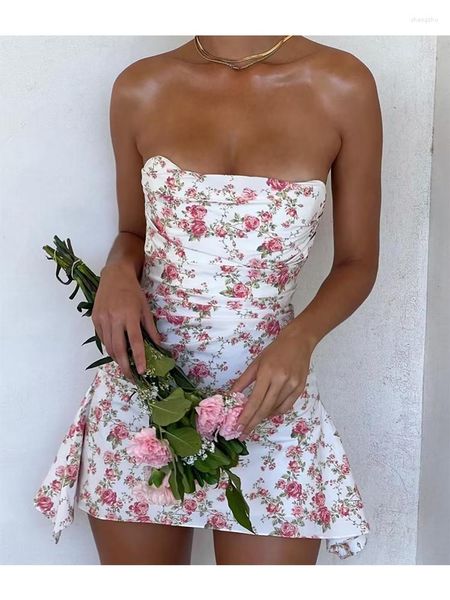 Vestidos casuais mulheres sexy de alta elasticidade cetim estampa floral sem alças sem mangas senhoras festas de festa manto