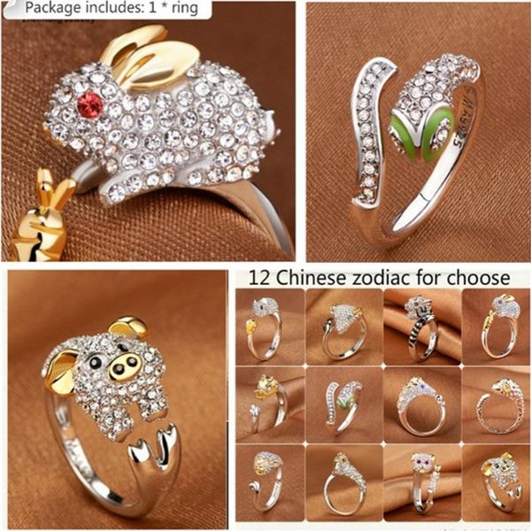 Anéis de casamento brilhantes anel de animal de luxo/porco/dragão/cavalo/macaco/cobra/ovelha/tigre/cão/cristal de rato para mulheres garotas bijouxwedding weddingw