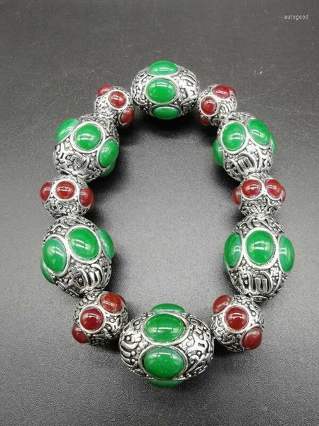 Armreif China Altes Tibet Silber Schnitzerei Blume Eingelegt Rot Grün Jade Armband Sammlung Ornamente Statuen Zur Dekoration