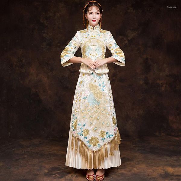 Vestido étnico champanhe tradicional vestido de noiva chinês bordando bordado cheongsam tassel qipao vestidos retrô tradições na noiva