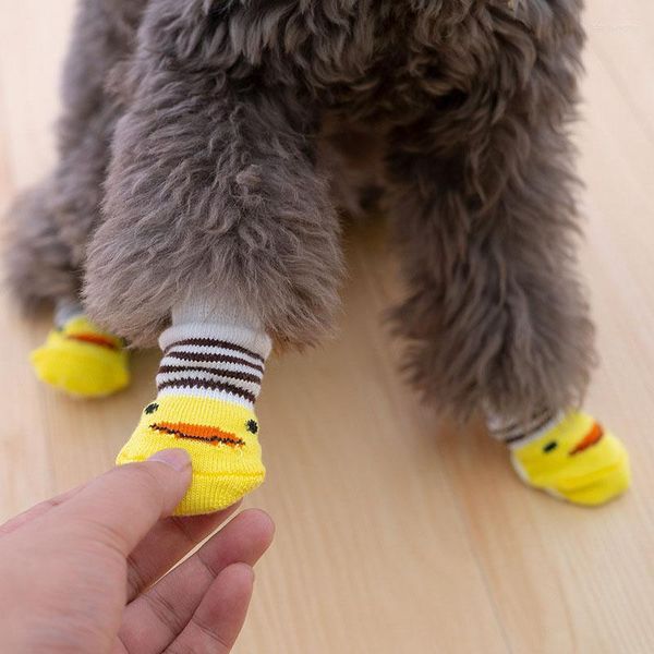 Hundekleidung 4pcs/Set niedliche warme Strick-Haustier Socken Baumwolle Anti-Rutsch-Katzenschuhe kleine Hunde Herbst Winter Innenräume Beschützer Vorräte