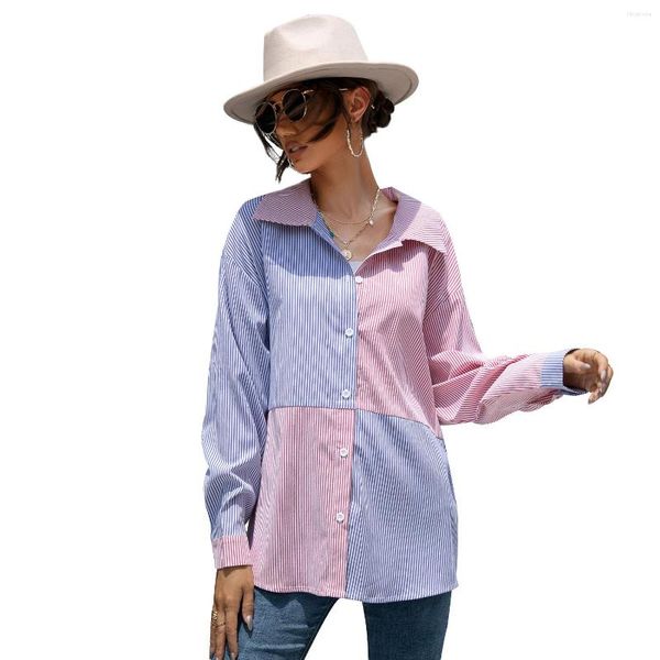 Frauen T Shirts 2023 Herbst Und Winter Streifen Farbe Kontrast Spleißen Bluse Blau Rosa Tops Für Frauen