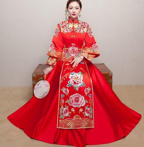 Roupas étnicas vermelhas vintage chinesa quimono feminina longa qipao cheongsam vestido de noite de noite bordado suzhou bordado