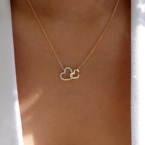 Colar de coração duplo Colares para mulheres pendentes Chain Gold Chauters Crystal em forma de coração Casamento Je Je Welry Gift Femme