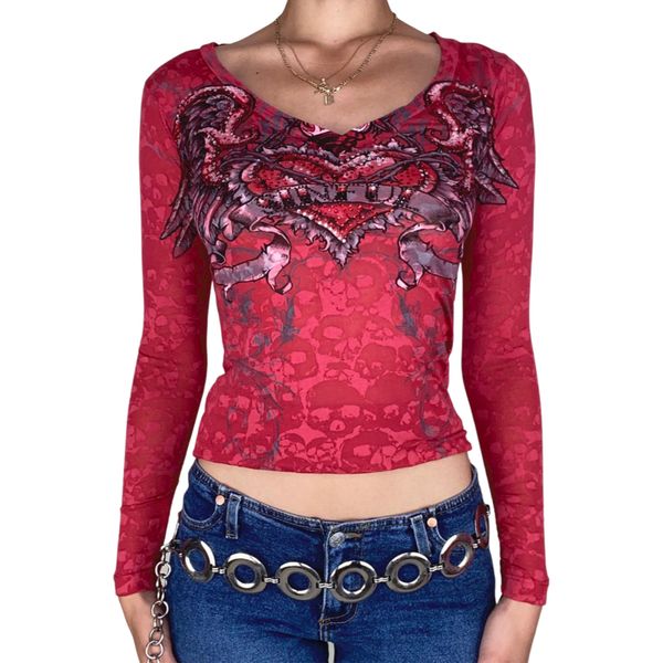 Женская футболка Women Y2K с длинным рукавом с длинным рукавом Top Wing Fort Fort Slim Fit Blouse Tops Fairy Grunge 90-х