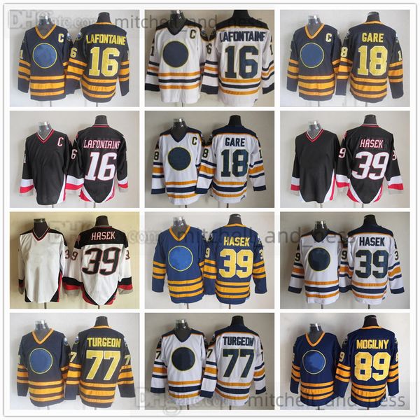 Film Vintage Hockey Jersey Retro CCM Stickerei 16 Pat LaFontaine Jersey 18 Danny Gare 39 Dominic Hasek 77 Pierre Turgeon 89 Alexander Mogilny Trikots