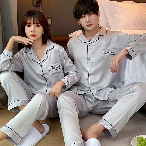 Pijama de casal de sono masculino para amantes Primavera e outono Casal de mangas compridas pijamas mulheres fofas de seda fino de seda de seda de seda 230317