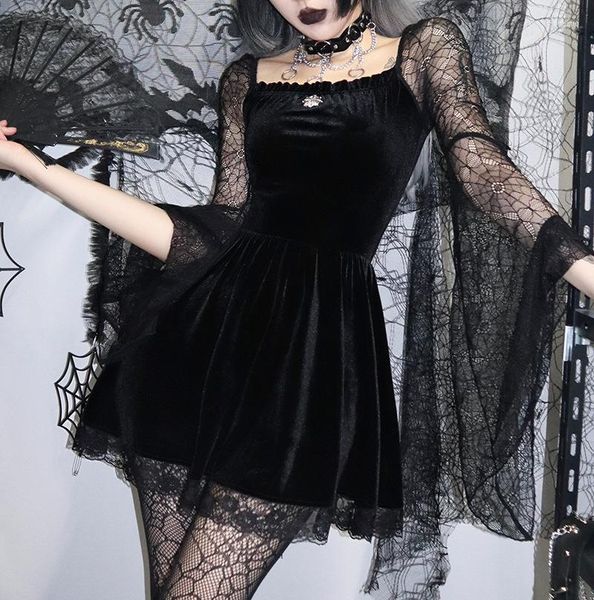 Vestidos casuais Ruibbit Black Goth Mall Padrão de Velvet Mulheres Vestido Sexy elegante Partido Clube Grunge Estético E Garota Manga Longa